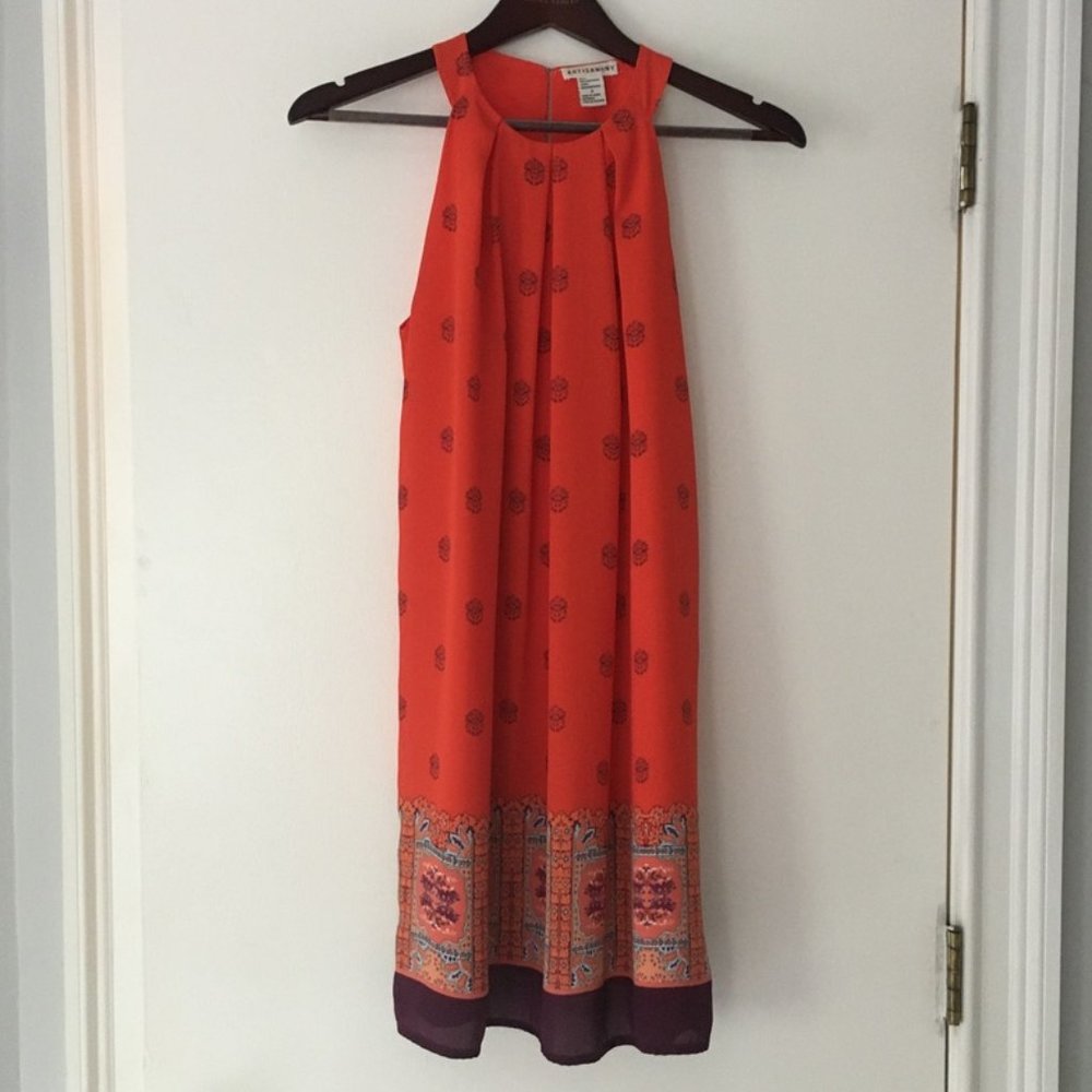 Orange patterned high-neck dress, size 2